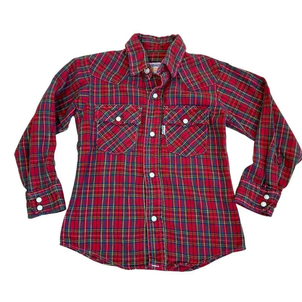 Levis Kids Vtg 90s Pearl Snap Western Button Down Shirt Red Plaid Made in USA